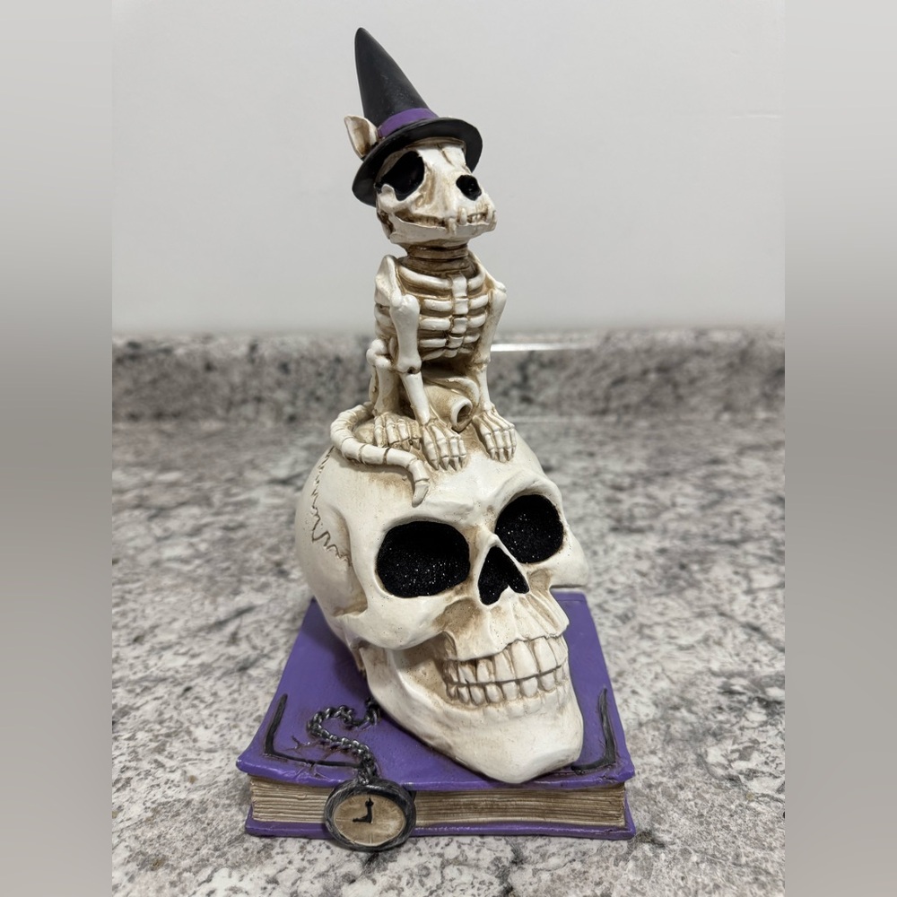 Skeleton Dog on Skull Halloween Figurine on Spell Book - 11” Tall